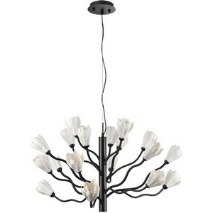 Подвесная люстра led с матовой черной арматурой Odeon Light Gardi 5090/18 черный матовый/белый/фарфор G4 LED 18*5W с цветами